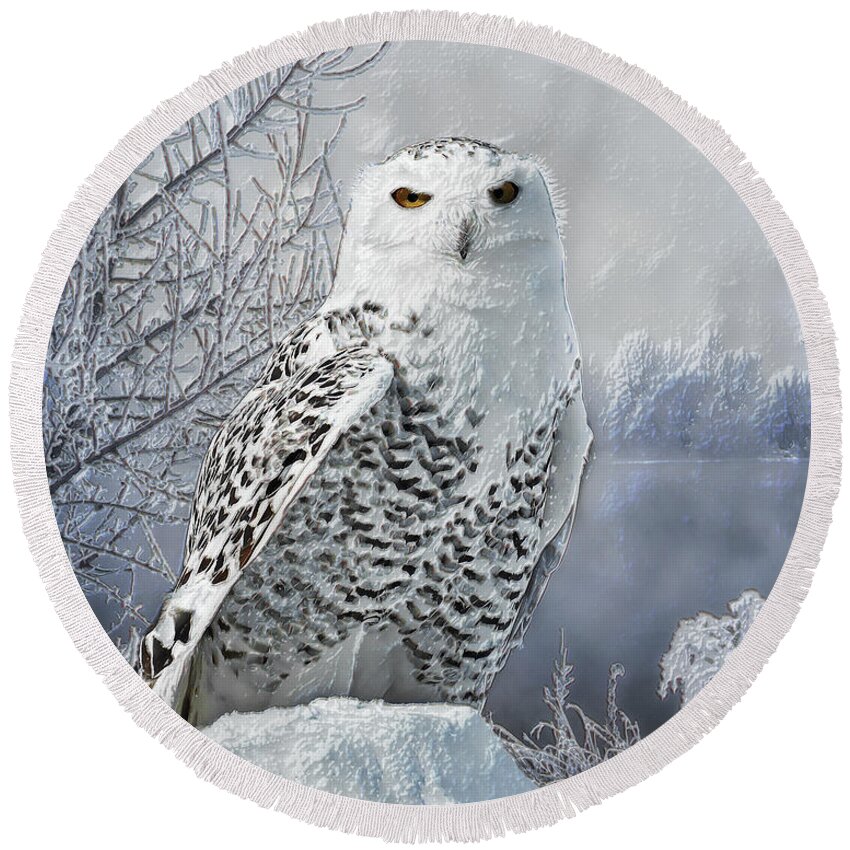 Snowy Owl Round Beach Towel featuring the digital art Snowy Owl by Pennie McCracken