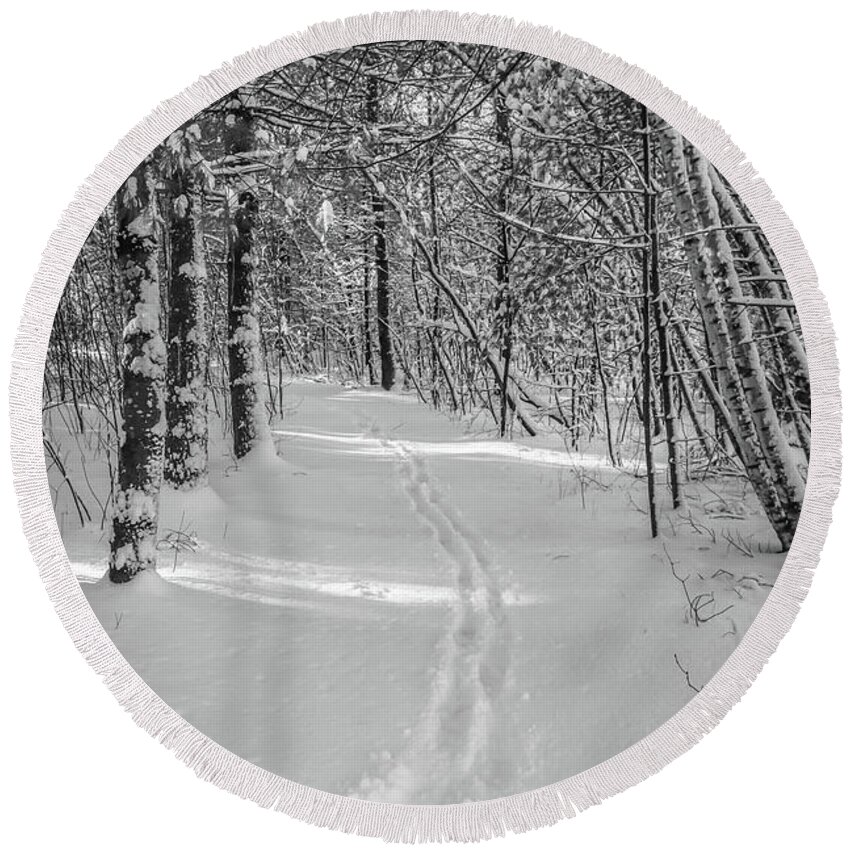 Winter Round Beach Towel featuring the photograph Snowy path in the forest by Claudia M Photography
