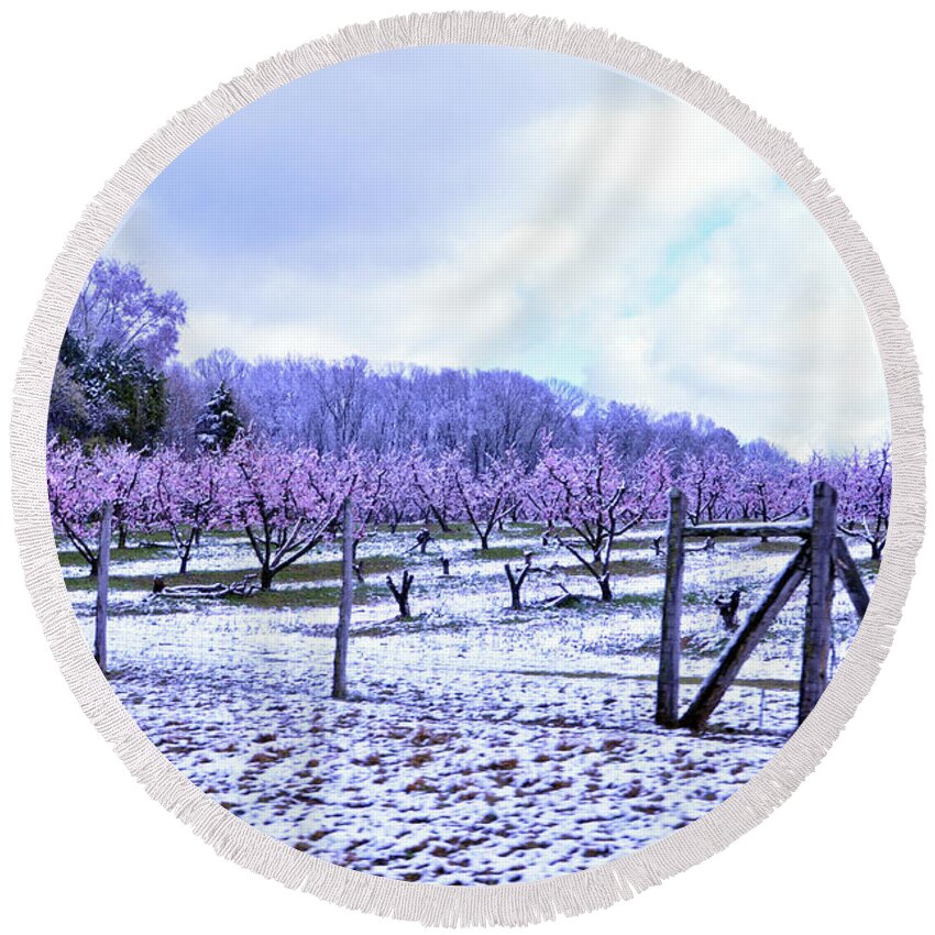 Peaches Round Beach Towel featuring the photograph Snowy Peach Orchard by Lydia Holly