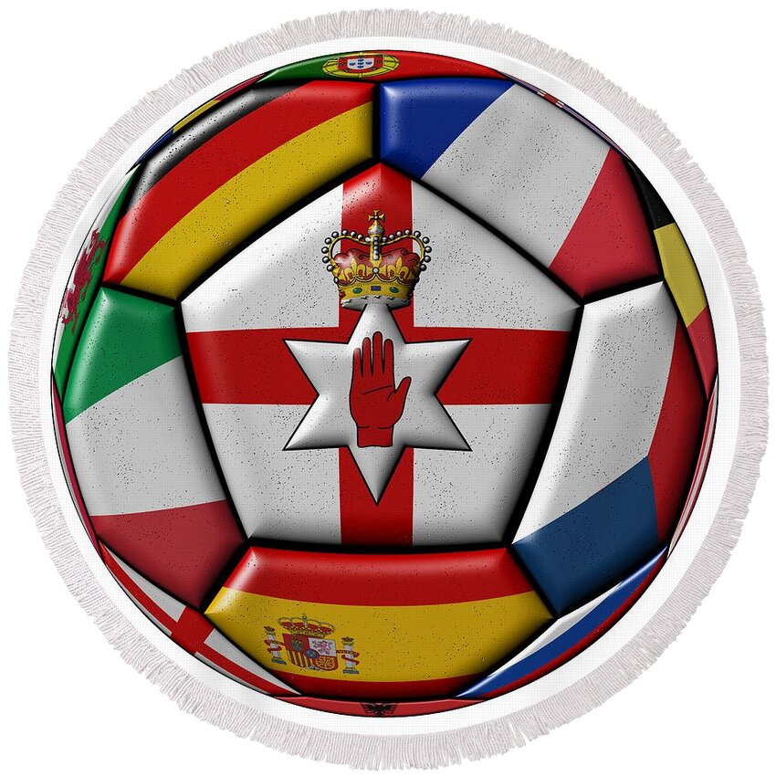 Europe Round Beach Towel featuring the digital art Soccer ball with flag of Northern Ireland in the center by Michal Boubin