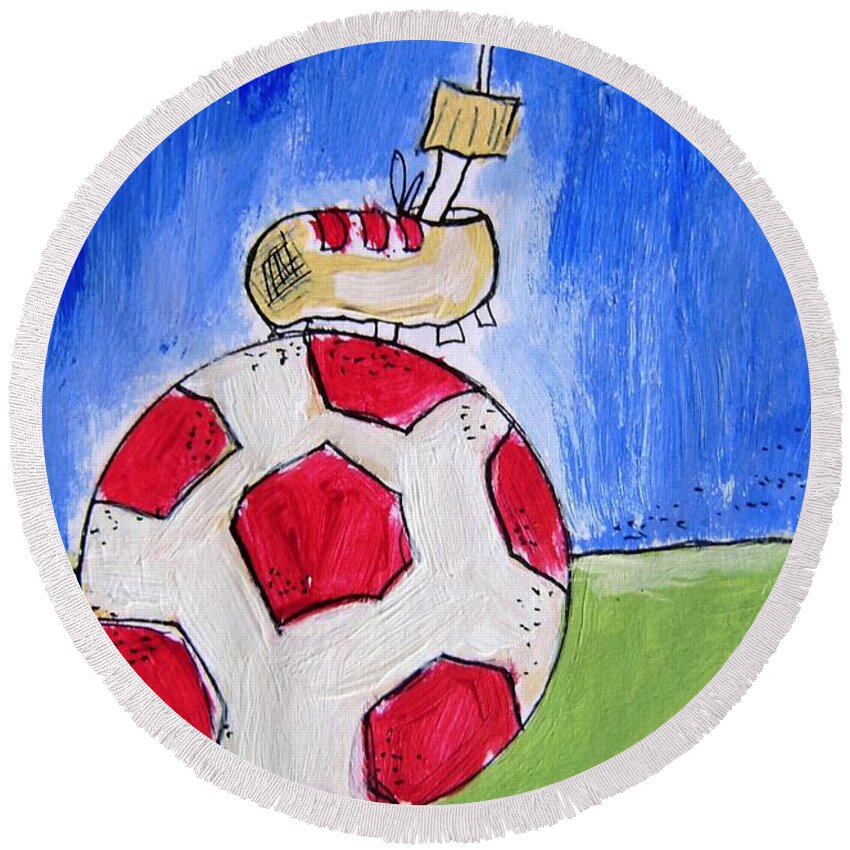 Greeting Card For Soccer Dad Round Beach Towel featuring the drawing Soccer Dad Birthday Boy by Mary Cahalan Lee - aka PIXI