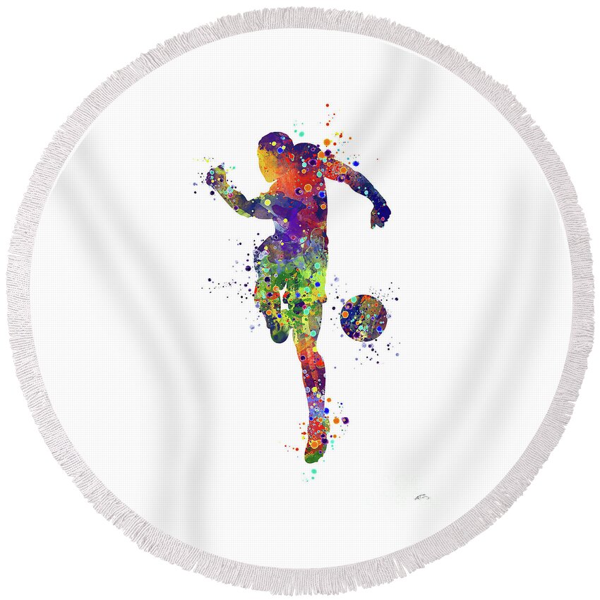 Soccer Player 2 Sports Art Print Round Beach Towel featuring the digital art Soccer Player 2 Sports Art Print Watercolor Print Soccer illustration Football Art Poster by White Lotus