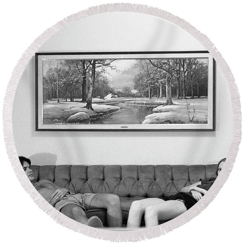 Sofa Art Round Beach Towel featuring the photograph Sofa-Sized Picture, With Light Switch, 1973 by Jeremy Butler