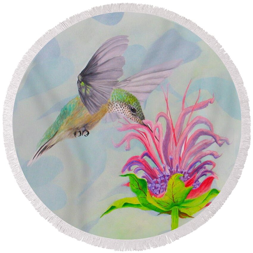 Hummingbird Round Beach Towel featuring the painting Soft Hummingbird by Richard Dotson