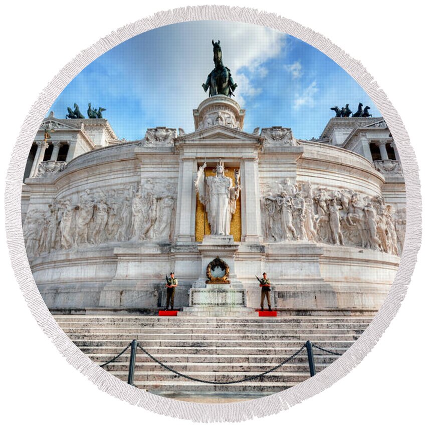 Rome Round Beach Towel featuring the photograph Soldiers guard the Tomb of the Unknown Soldier at The Altare della Patria monument in Rome by Michal Bednarek