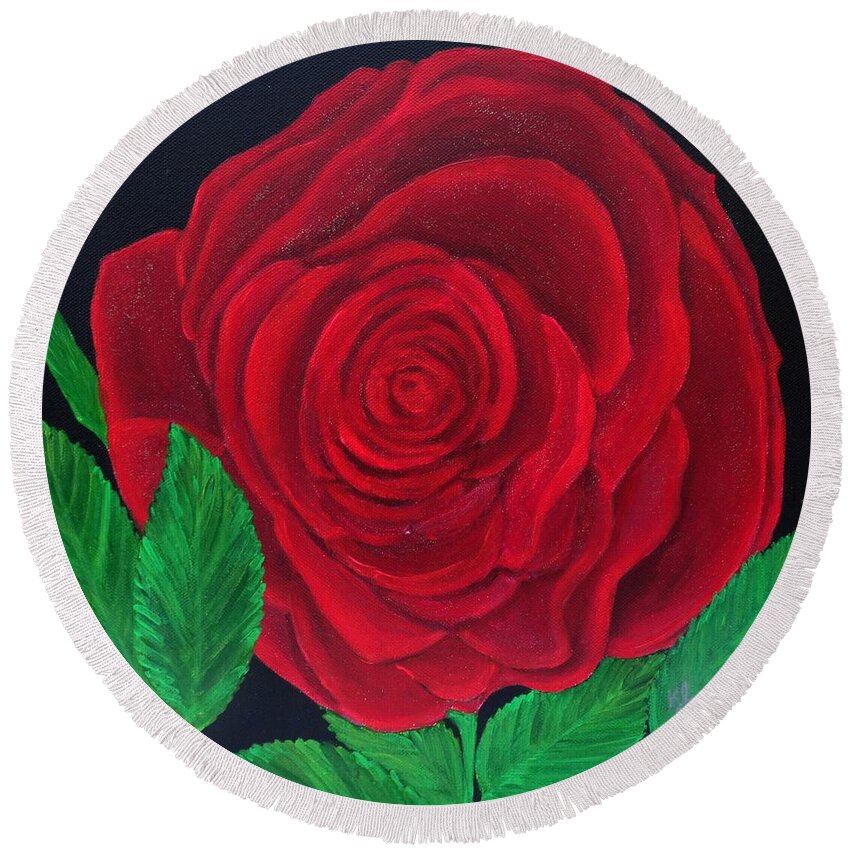 Red Rose Round Beach Towel featuring the painting Solitary Red Rose by Karen Jane Jones