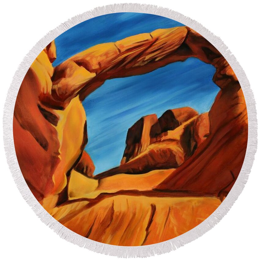 Red Rocks Round Beach Towel featuring the painting Solitude and the Cobalt Sky by Sandi Snead