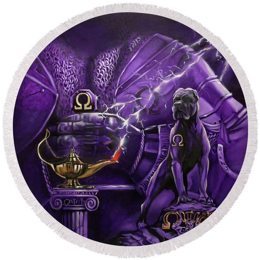 Omega Psi Phi Round Beach Towel featuring the painting Sons of Blood and Thunder by Jerome White