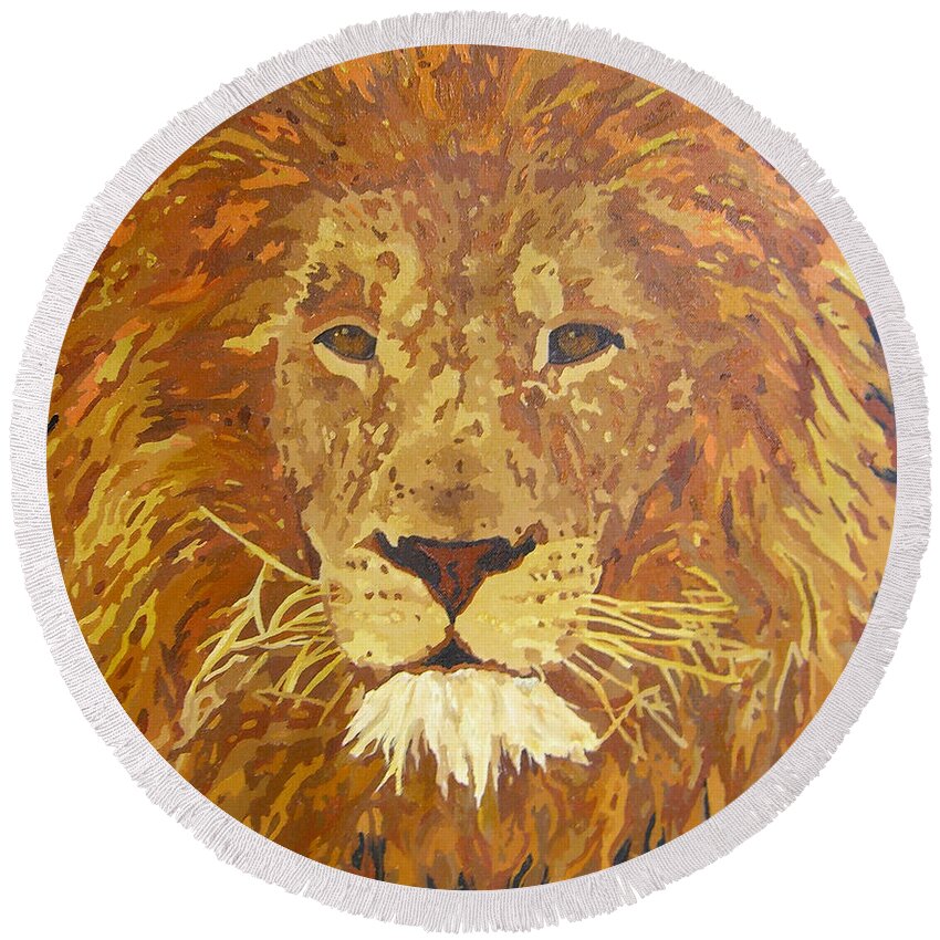 African Lion Round Beach Towel featuring the painting Soon to Be King by Cheryl Bowman