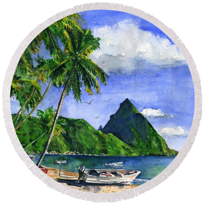 Caribbean Round Beach Towel featuring the painting Soufriere Saint Lucia by John D Benson