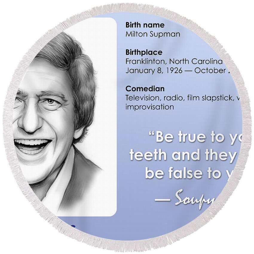 Soupy Sales Round Beach Towel featuring the drawing Soupy Quote by Greg Joens