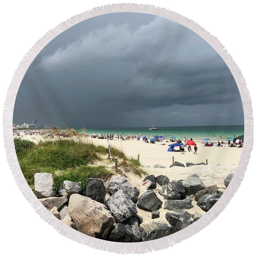 South Beach Round Beach Towel featuring the photograph South Beach Rain by Deborah Ferree