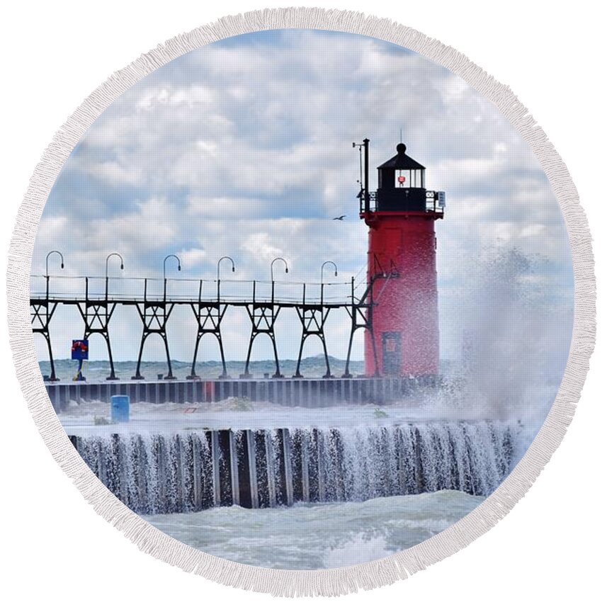 Michigan Round Beach Towel featuring the photograph South Haven Lighthouse by Nicole Lloyd