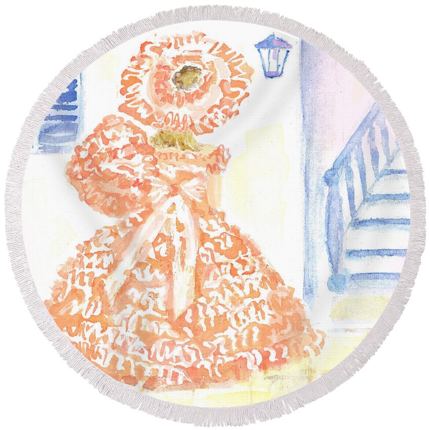 Southern Belle Round Beach Towel featuring the painting Southern Belle in Peach Dress by Jerry Fair