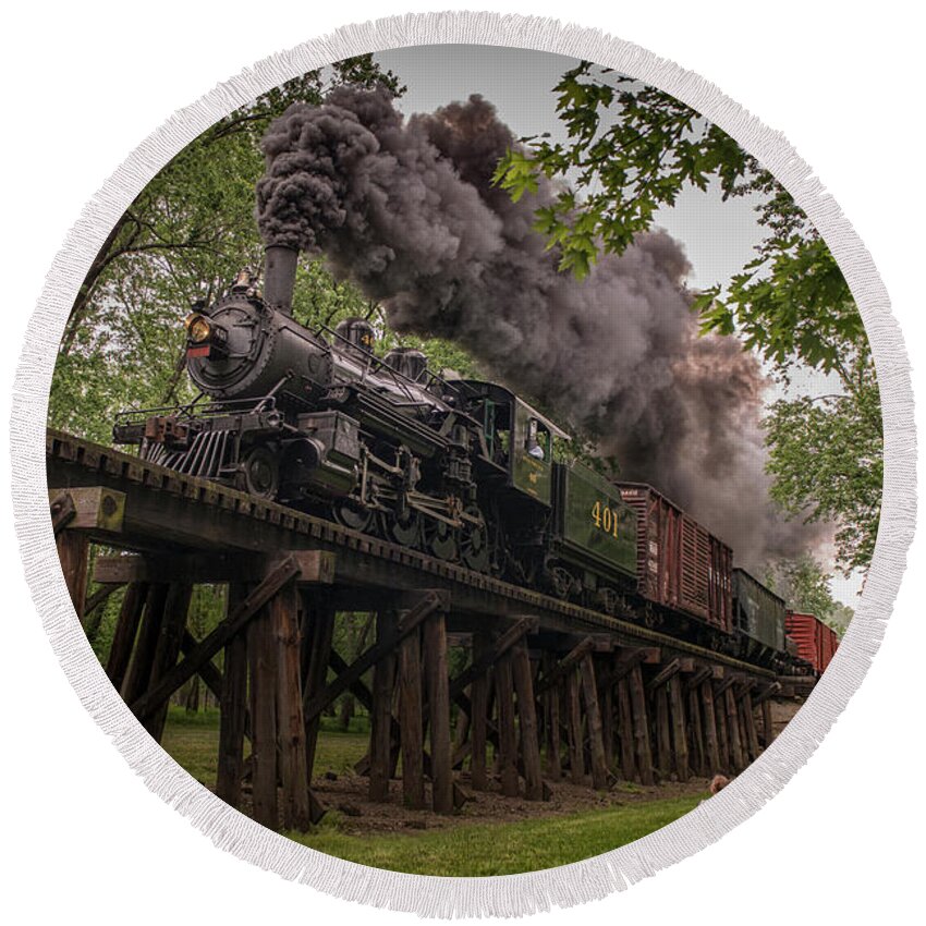 #railroad #railroads Train #trains Round Beach Towel featuring the photograph Southern Steam engine 401 heads across the Camp Creek Trestle by Jim Pearson