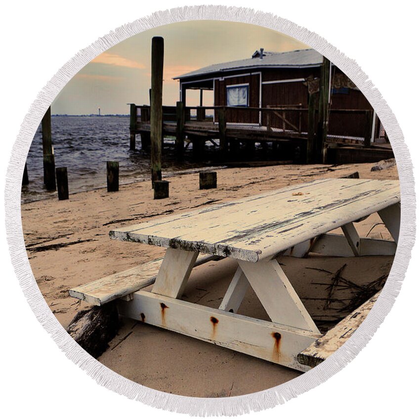 Southport Round Beach Towel featuring the photograph Southport Picnic Table by Amy Lucid