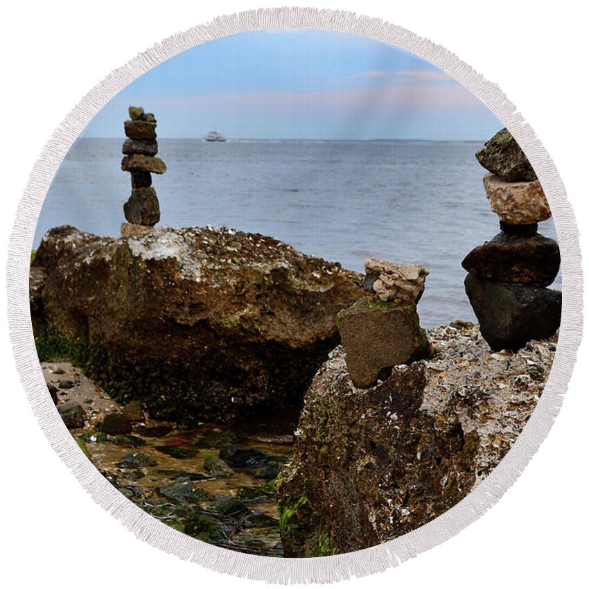 Rock Sculptures Round Beach Towel featuring the photograph Southport Rock Art by Amy Lucid
