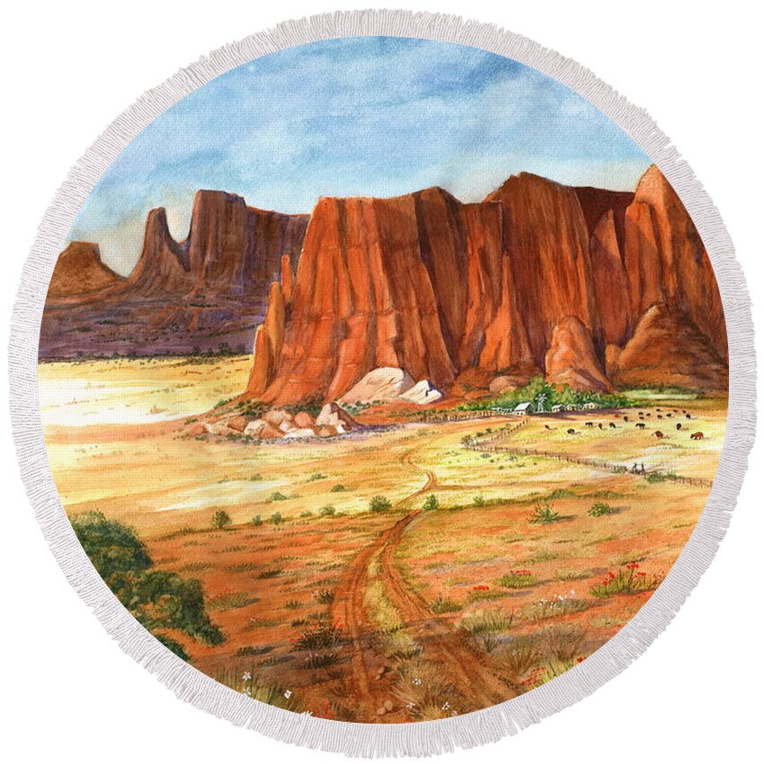 Southwest Landscape Round Beach Towel featuring the painting Southwest Red Rock Ranch by Marilyn Smith