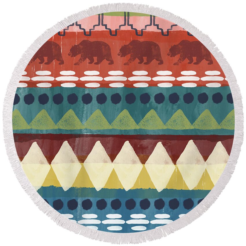 Southwest Round Beach Towel featuring the mixed media Southwest with Bears- Art by Linda Woods by Linda Woods