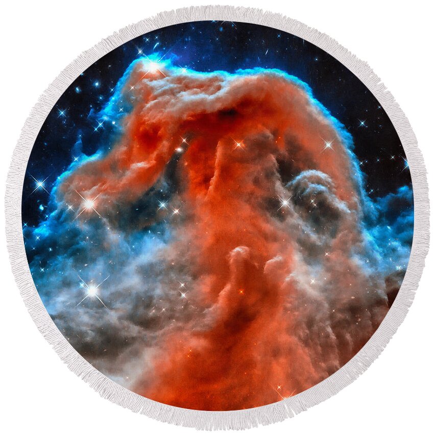 Horsehead Nebula Round Beach Towel featuring the photograph Space image horsehead nebula orange red blue black by Matthias Hauser