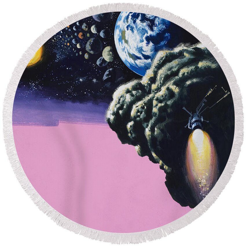 Space;rockets;space Ship;meteorites;planets Round Beach Towel featuring the painting Space by Wilf Hardy