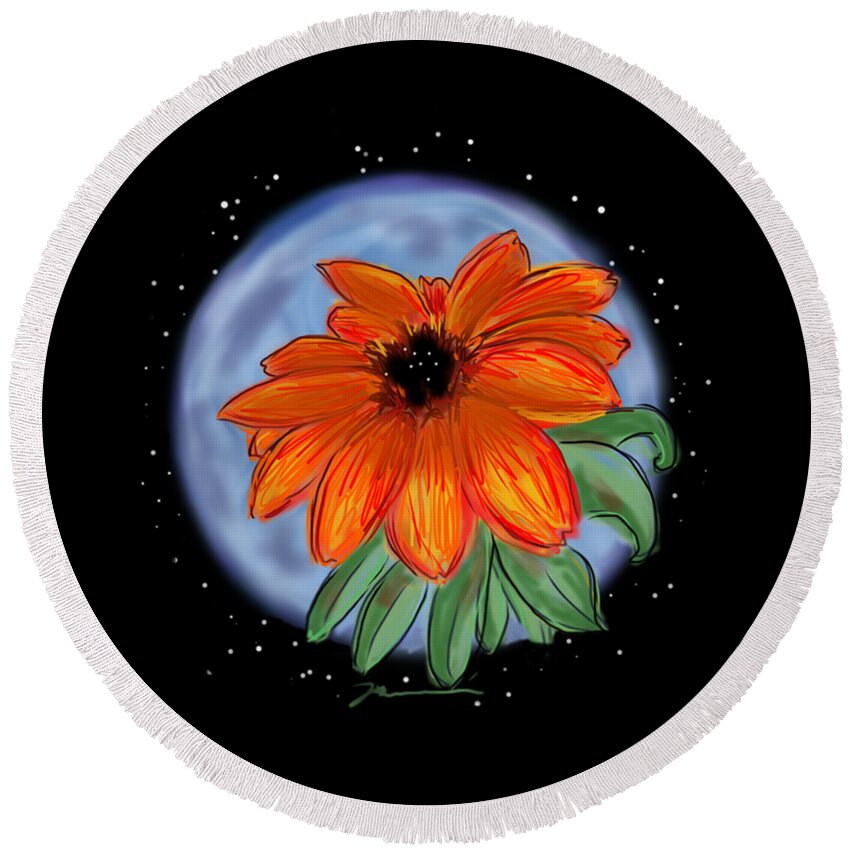Flower Round Beach Towel featuring the painting Space Zinnia on black by Jean Pacheco Ravinski