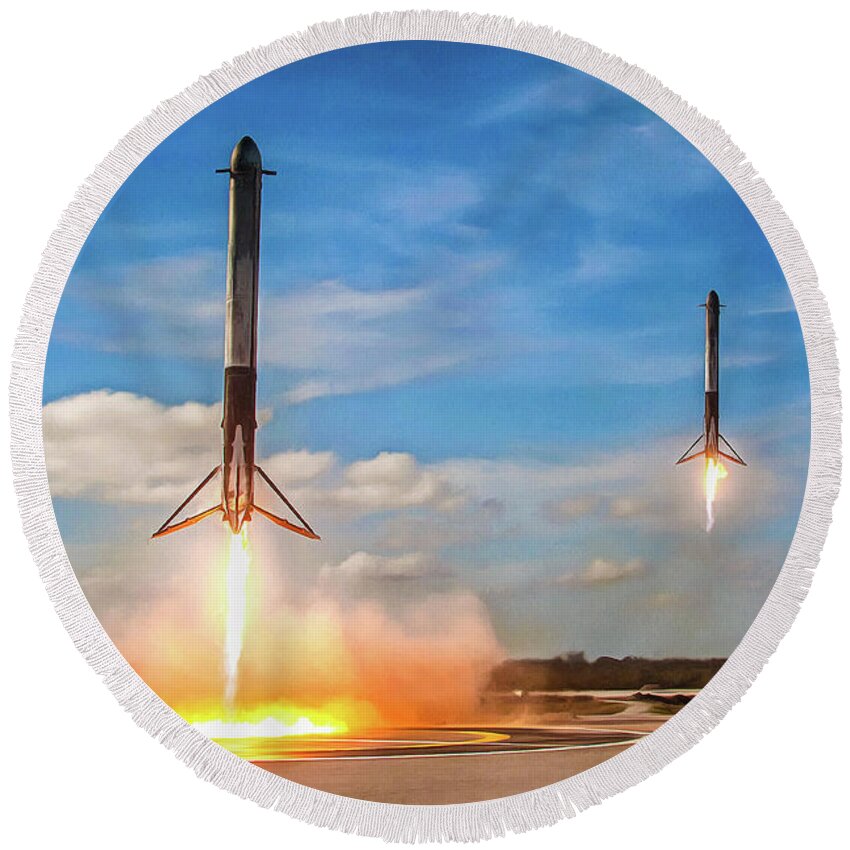 Spacex Round Beach Towel featuring the photograph SpaceX Falcon Heavy booster landing by SpaceX