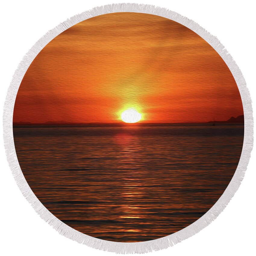 Sunset Round Beach Towel featuring the digital art Spanish Banks Sunset - Digital Oil by Birdly Canada