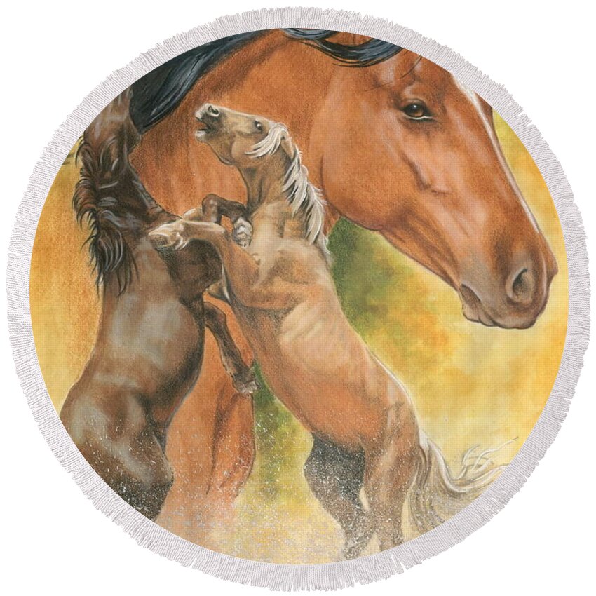 Mustang Round Beach Towel featuring the mixed media Spanish Mustang by Barbara Keith