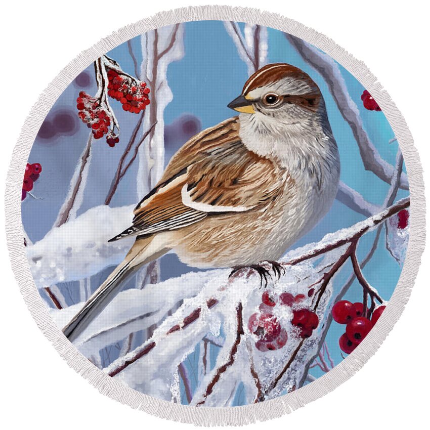 Sparrow Round Beach Towel featuring the painting Sparrow in Winter by Jackie Case