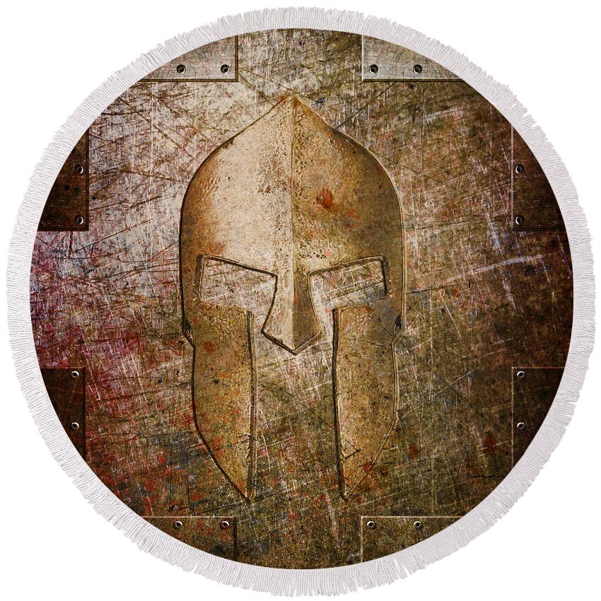 Molon Labe Round Beach Towel featuring the digital art Spartan Helmet on Metal Sheet with Copper Hue by Fred Ber