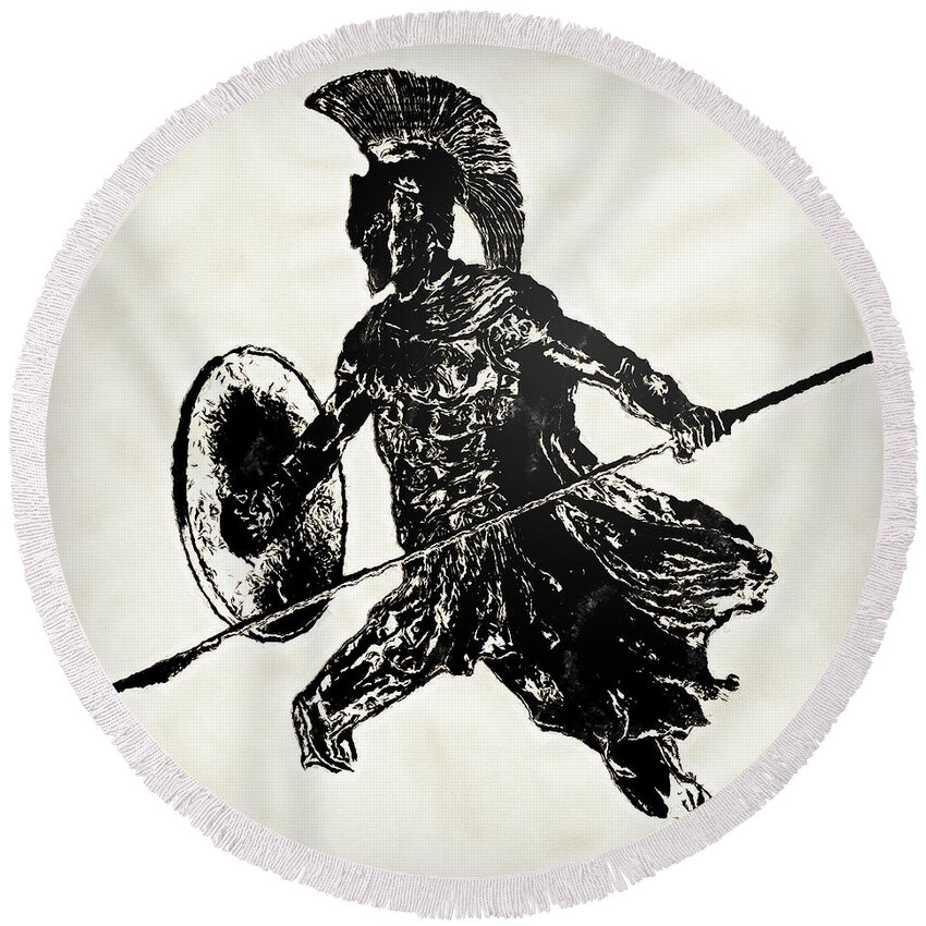 Spartan Warrior Round Beach Towel featuring the painting Spartan Hoplite - 17 by AM FineArtPrints