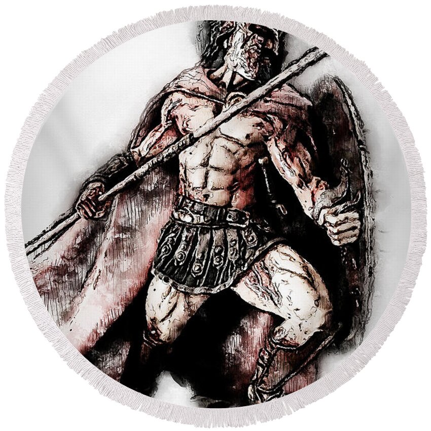 Spartan Warrior Round Beach Towel featuring the painting Spartan Hoplite - 22 by AM FineArtPrints