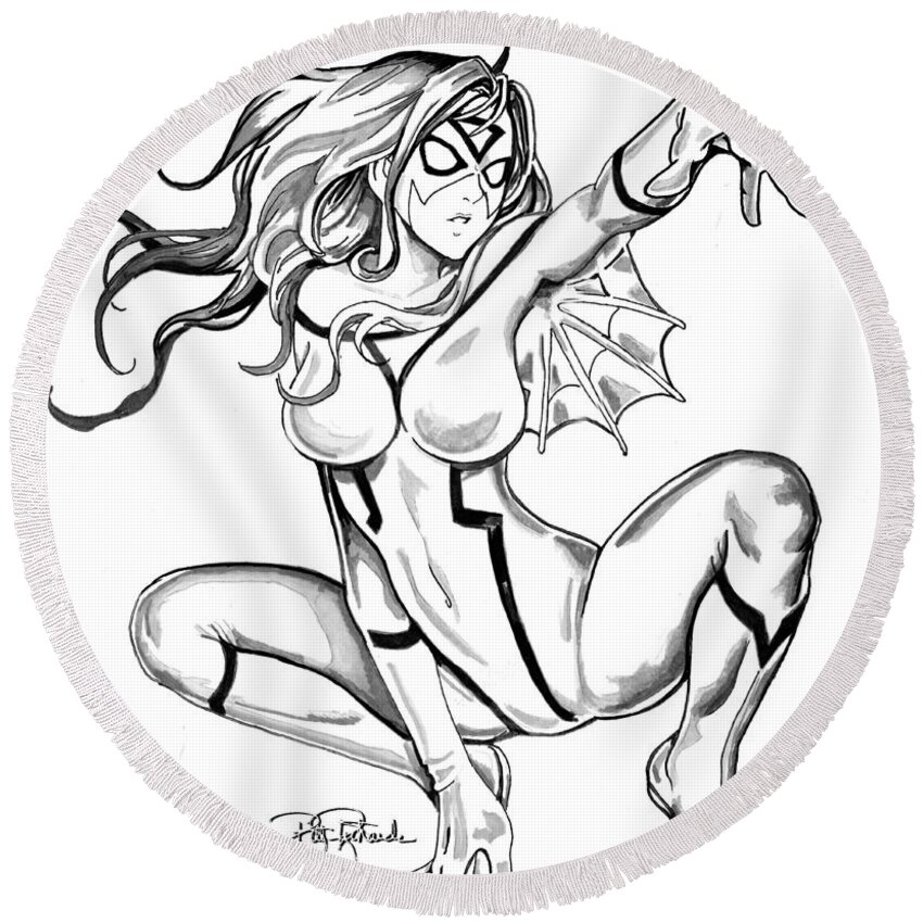 Spider Round Beach Towel featuring the drawing Spider Woman by Bill Richards