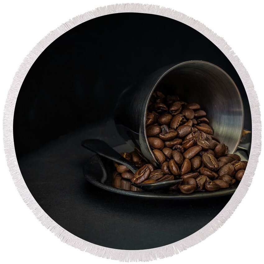 Coffee Round Beach Towel featuring the photograph Spilled beans by Agnes Caruso