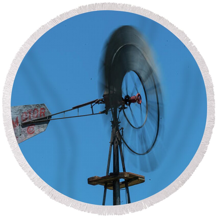 Nevada Round Beach Towel featuring the photograph Spinning Windmill Belmont Nevada by Lawrence S Richardson Jr