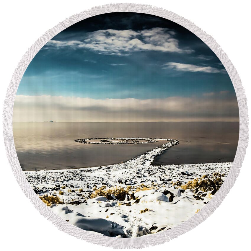 Spiral Jetty Round Beach Towel featuring the photograph Spiral Jetty in winter by Bryan Carter