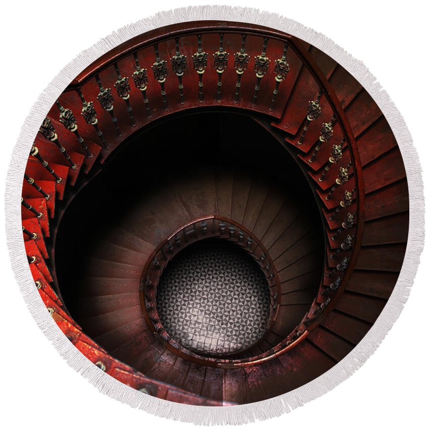 Spiral Round Beach Towel featuring the photograph Spiral staircase in red tones by Jaroslaw Blaminsky