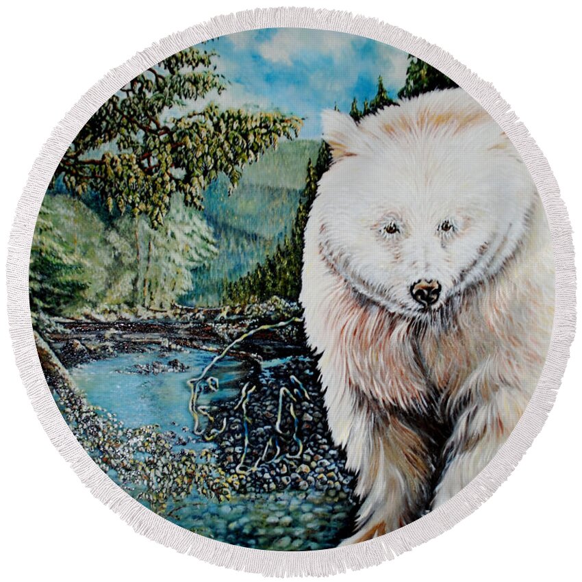 Spirit Bear Round Beach Towel featuring the painting Spirit Bear by Susan Moore