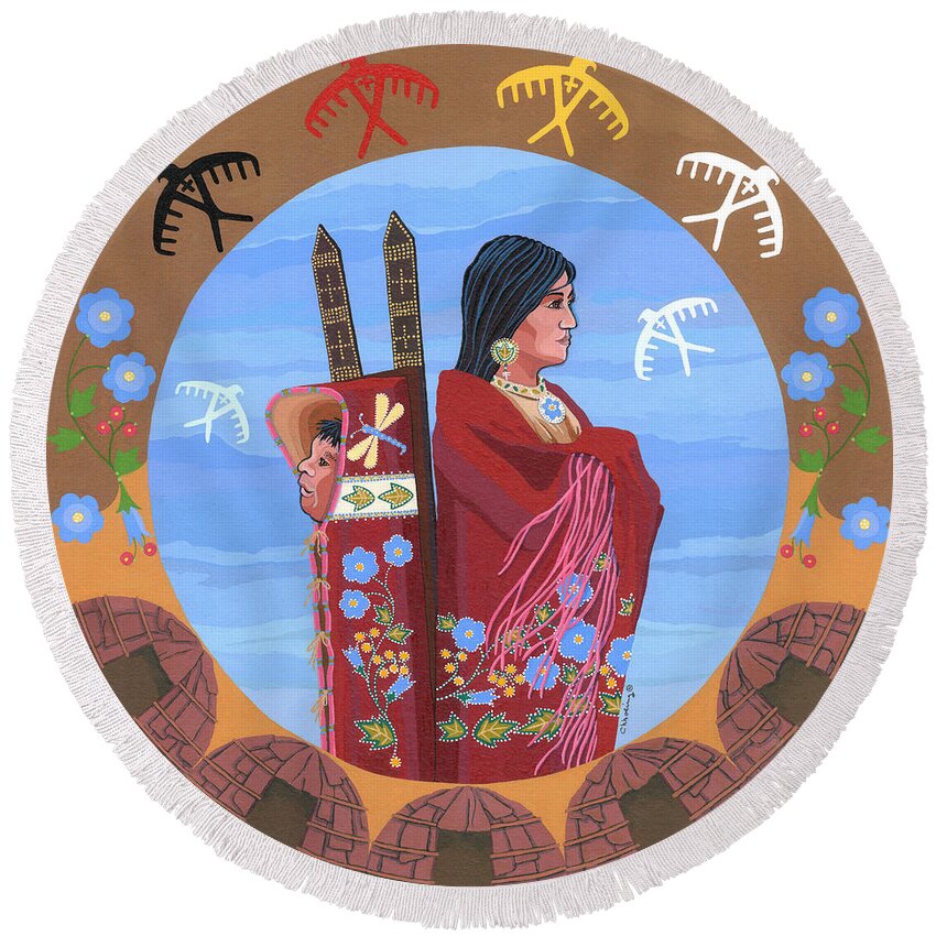 Native American Artwork Round Beach Towel featuring the painting Spirit of Eagles by Chholing Taha