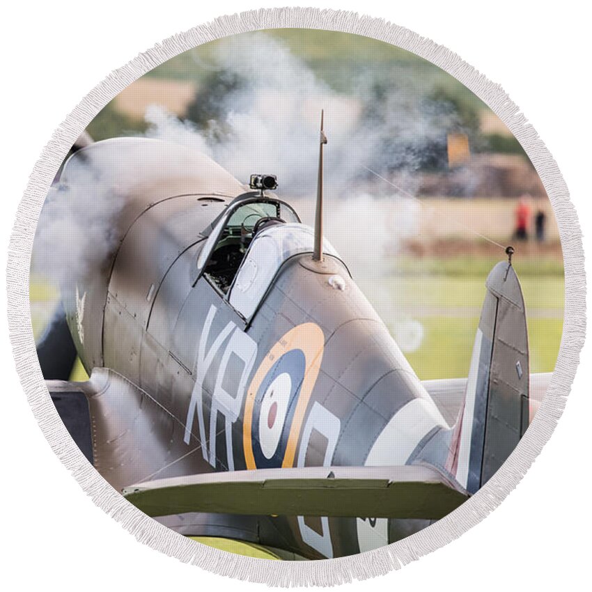71 (eagle) Squadron Round Beach Towel featuring the photograph Spitfire engine start smoke rings by Gary Eason