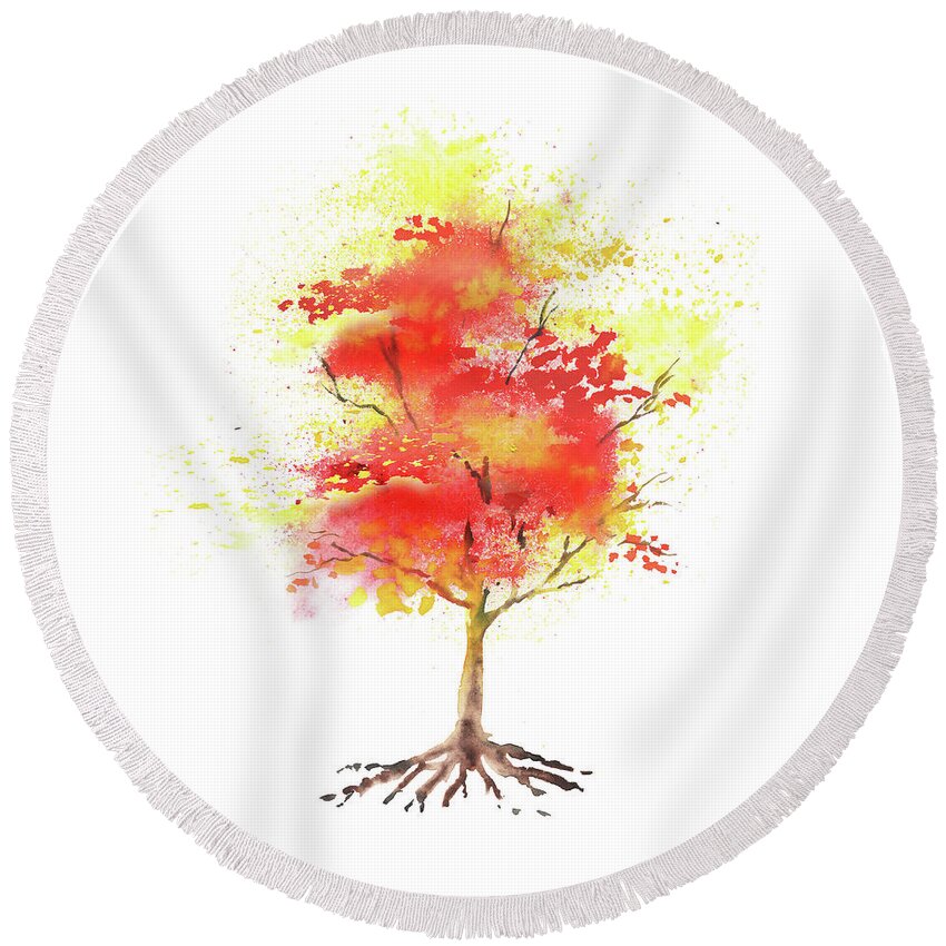 Autumn Round Beach Towel featuring the painting Splash Of Autumn Watercolor Tree by Irina Sztukowski