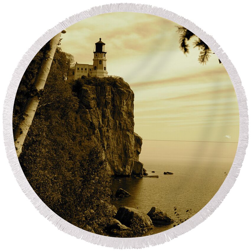 Lighthouse Round Beach Towel featuring the photograph Split Rock by Becqi Sherman