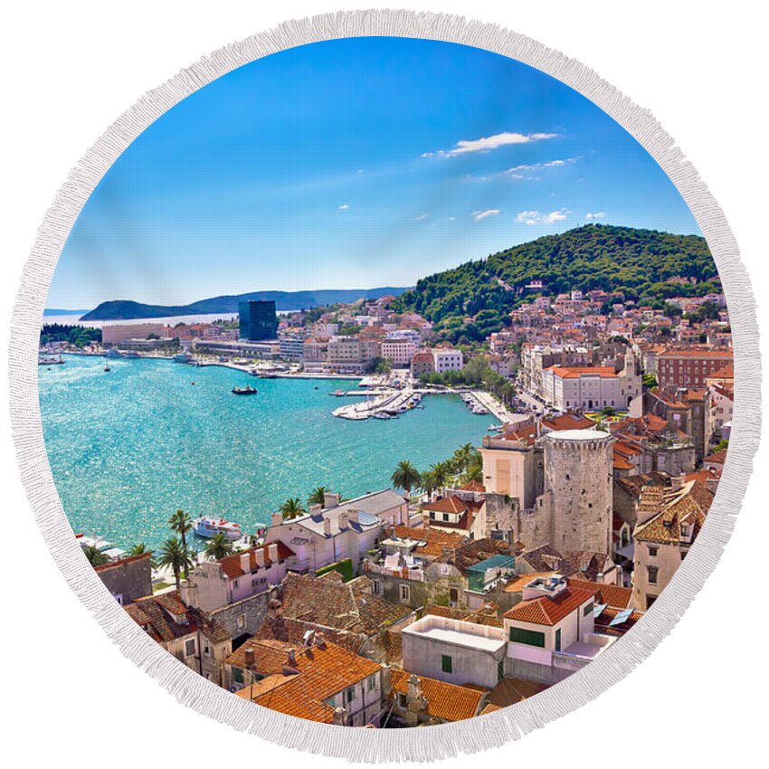 Aerial Round Beach Towel featuring the photograph Split waterfront and Marjan hill view by Brch Photography