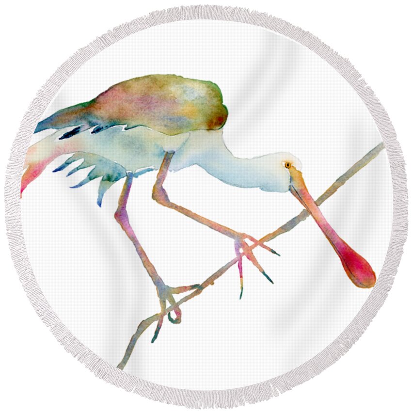 Watercolor Round Beach Towel featuring the painting Spoonbill by Amy Kirkpatrick