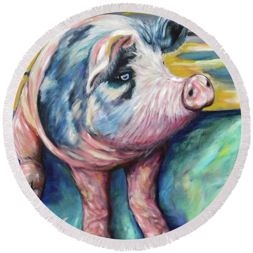 Pig Round Beach Towel featuring the painting Spotted Pig by JoAnn Wheeler