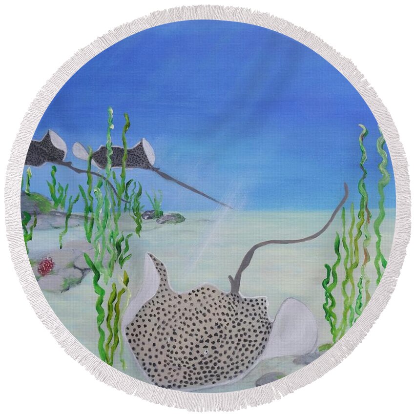 Stingray Round Beach Towel featuring the painting Spotted Ray by Karen Jane Jones