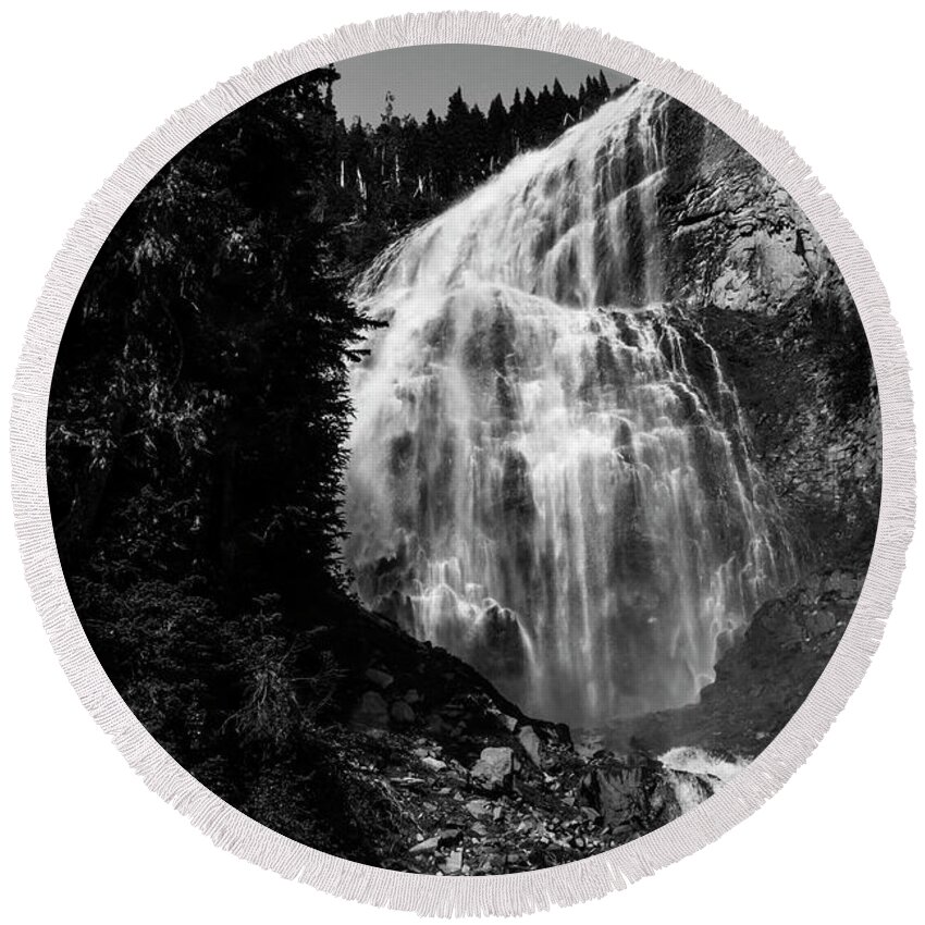 Majestic Round Beach Towel featuring the photograph Spray Falls Black and White by Pelo Blanco Photo