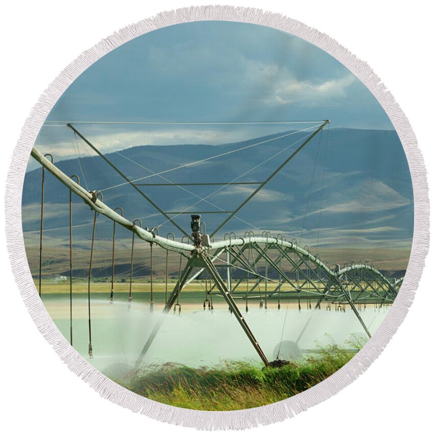 Irrigation Round Beach Towel featuring the photograph Spraying Water by Todd Klassy