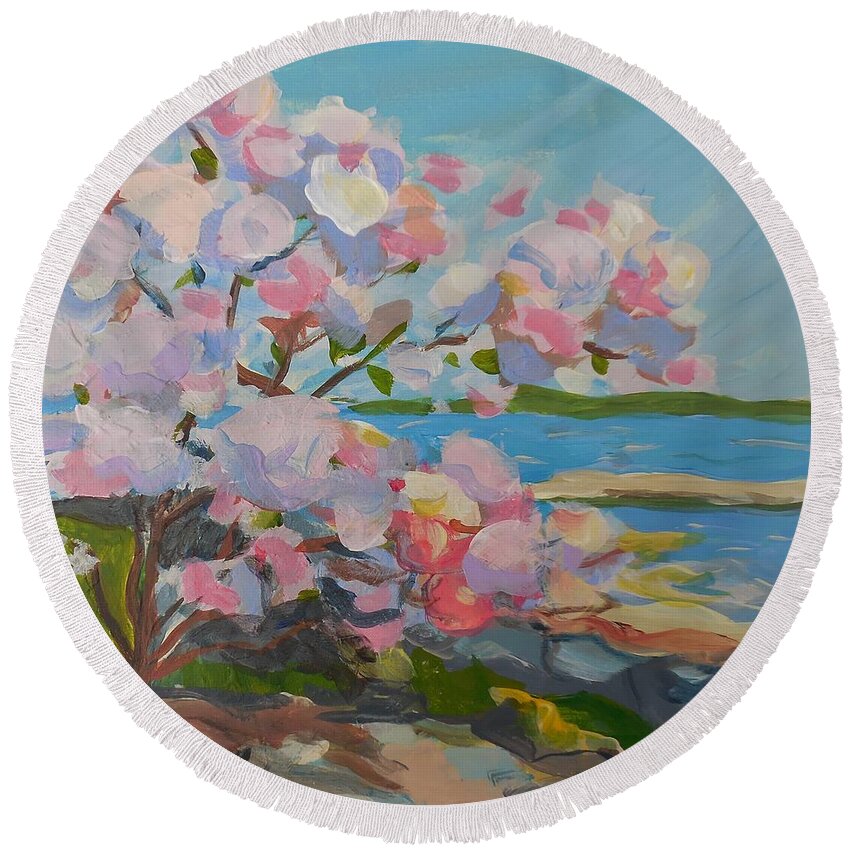 Landscape Round Beach Towel featuring the painting Spring Blooms by Sea by Francine Frank
